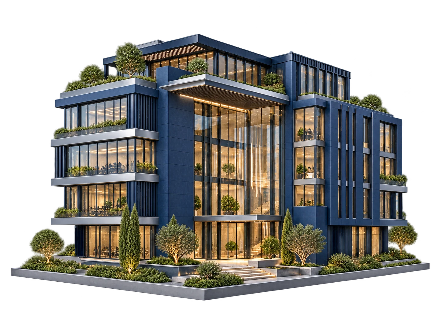 Floating 3D architectural concept of a glazed commercial office building