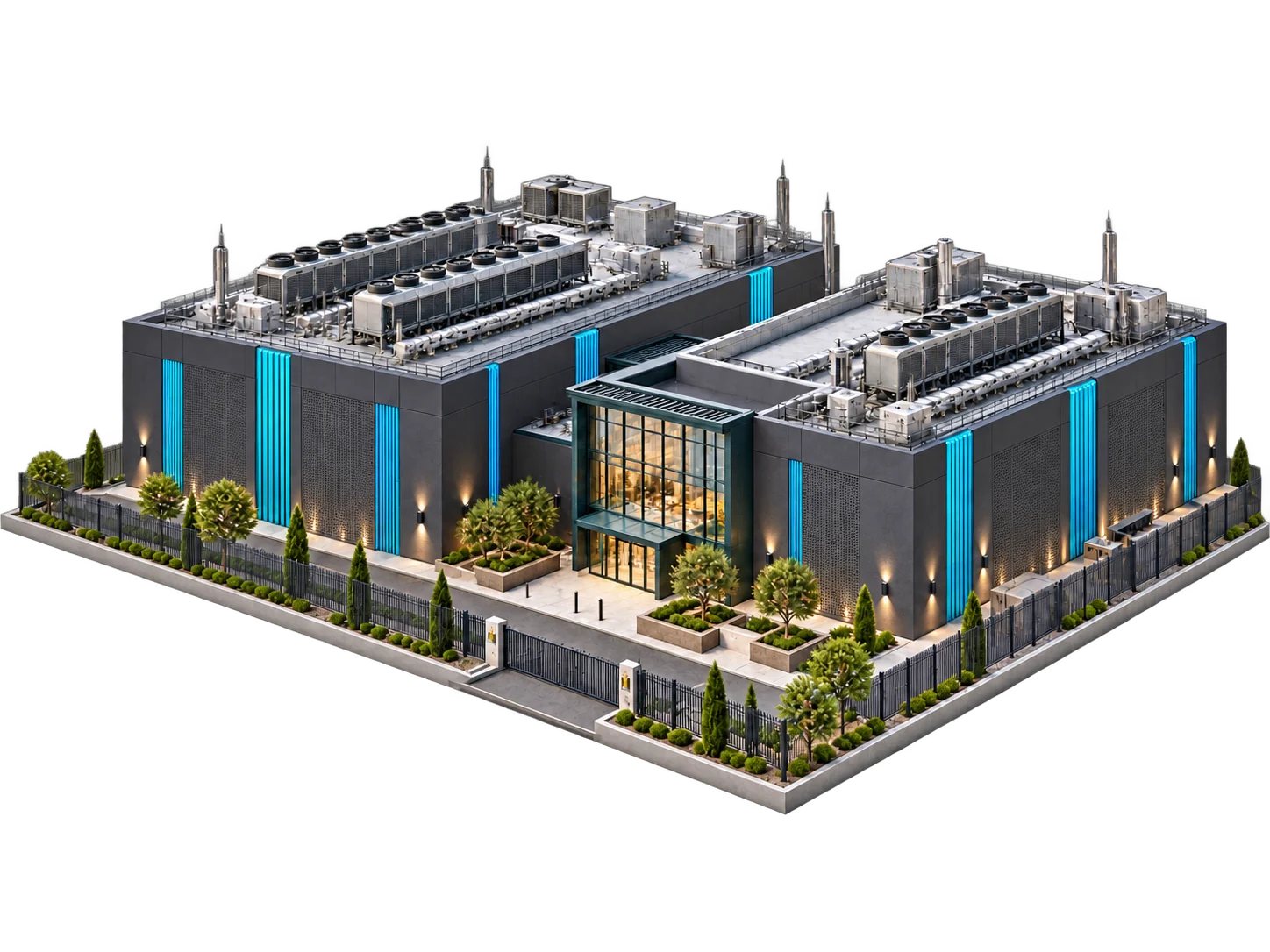 Floating 3D architectural concept of a data centre with rooftop cooling