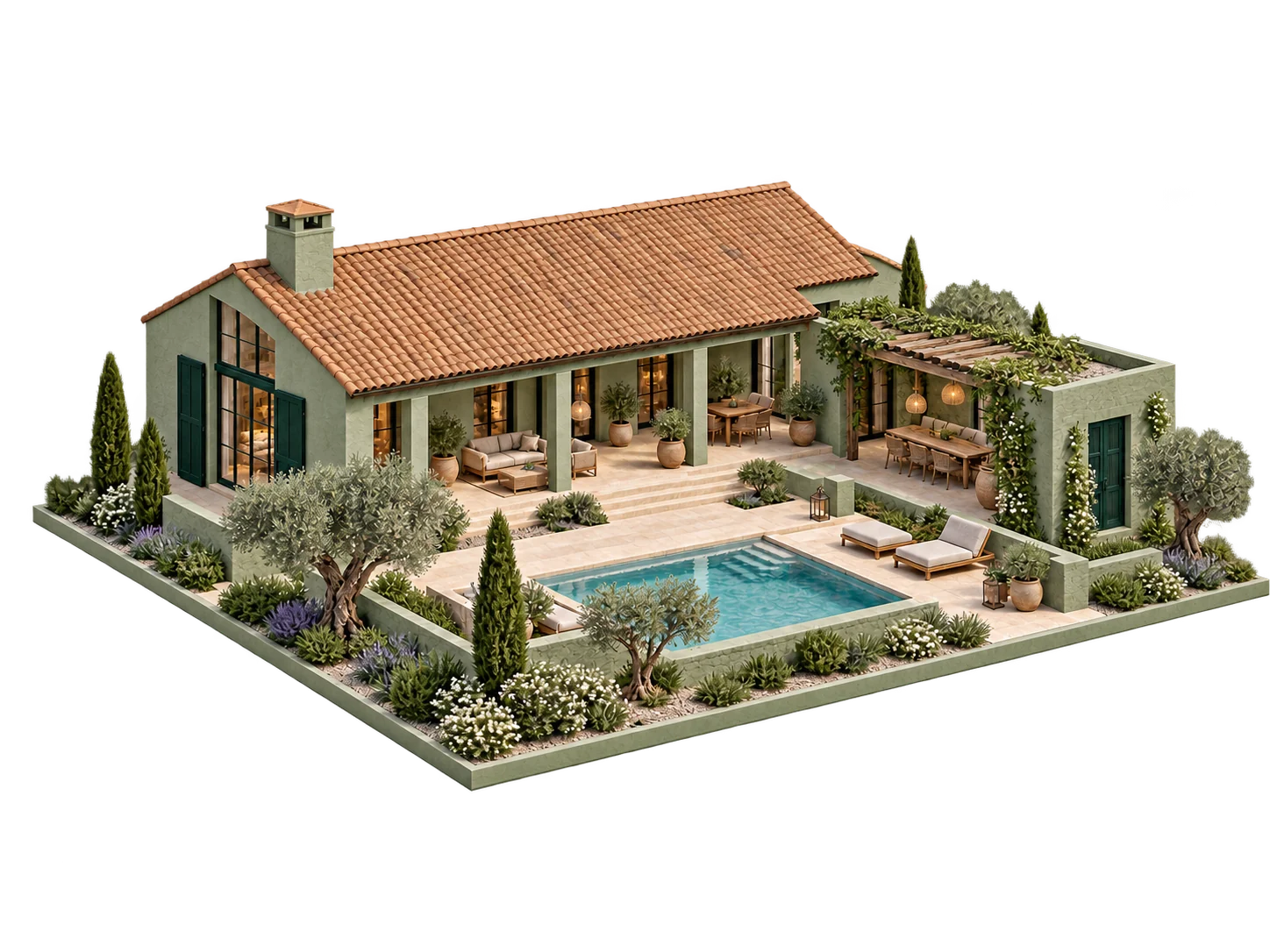 Floating 3D architectural concept of a farmhouse with a pool and verandah