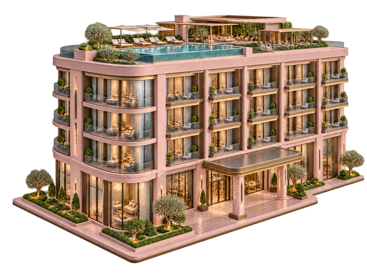 Floating 3D architectural concept of a boutique hotel with balconies